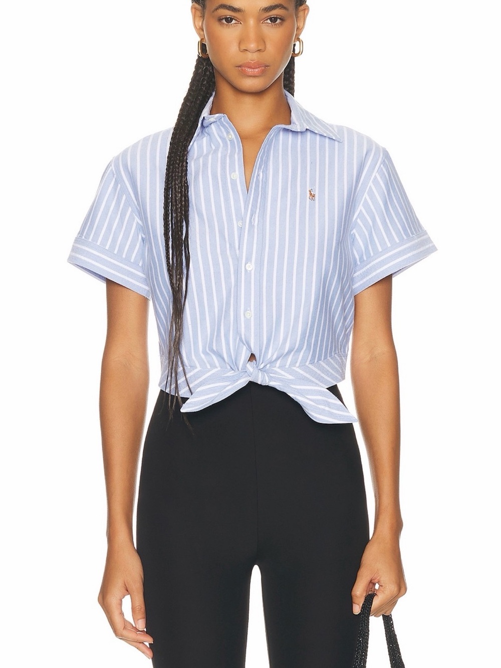 Ralph Lauren Light Blue & White Oxford Striped Short Sleeve Button-Front Tie Top